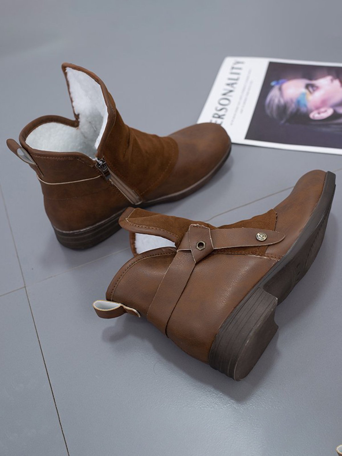 Anti-Suede Buckle Panel Vintage Insulated Booties
