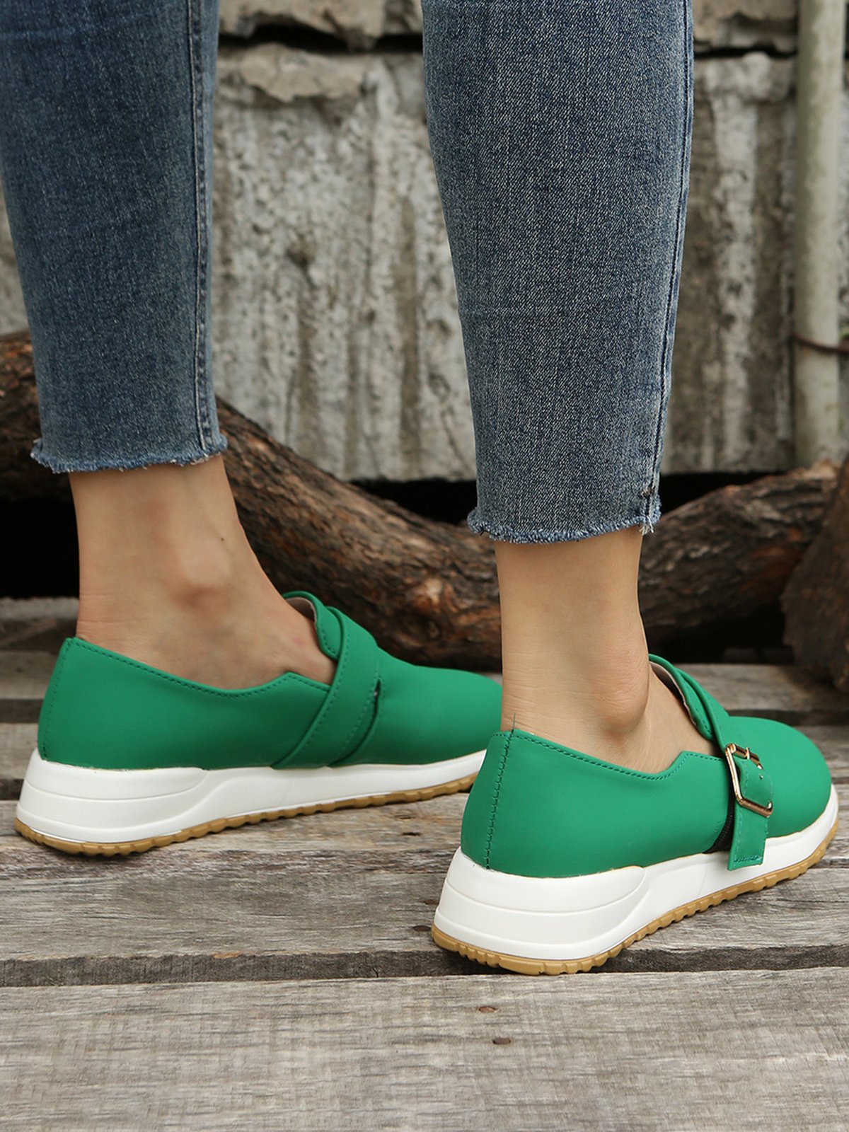 Casual Plain Color Buckle Strap Slip On Flat Sneakers