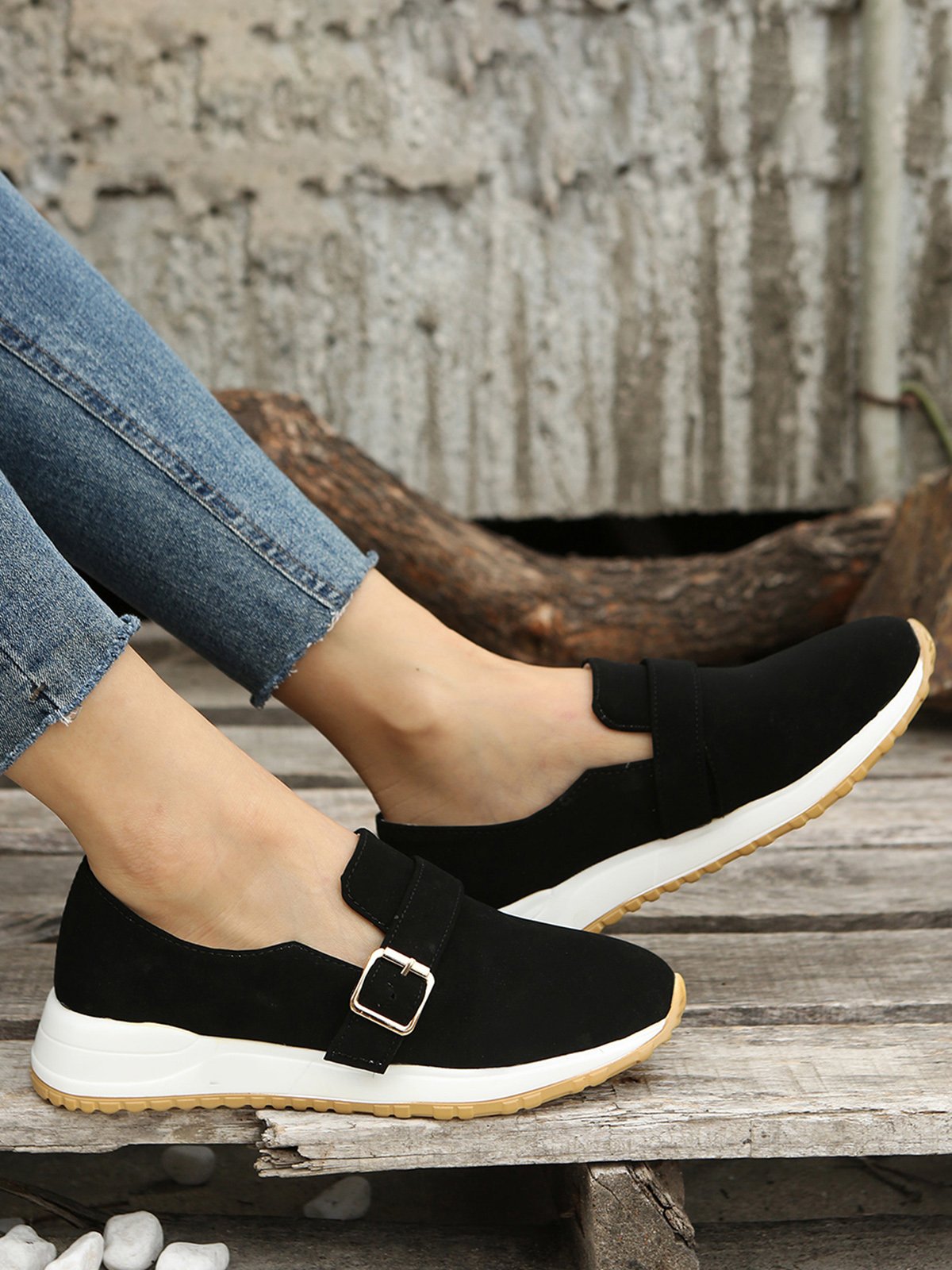 Casual Plain Color Buckle Strap Slip On Flat Sneakers