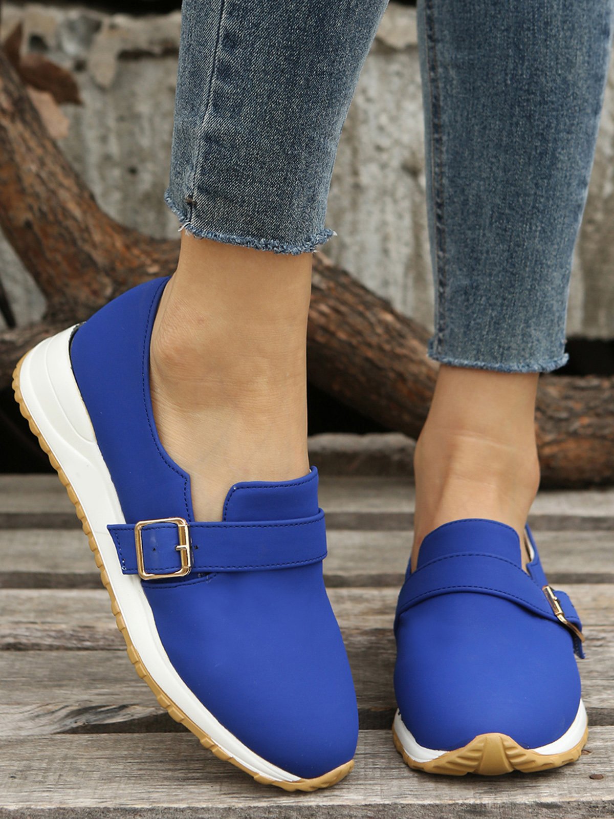 Casual Plain Color Buckle Strap Slip On Flat Sneakers