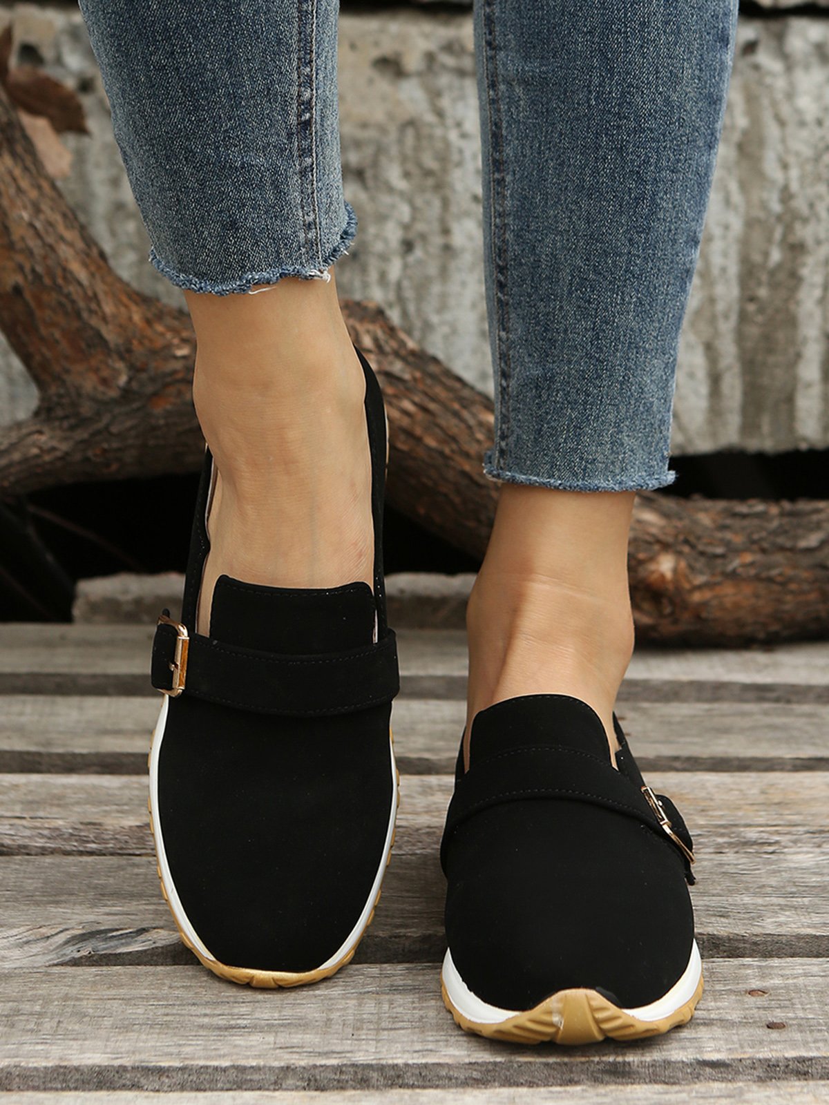 Casual Plain Color Buckle Strap Slip On Flat Sneakers
