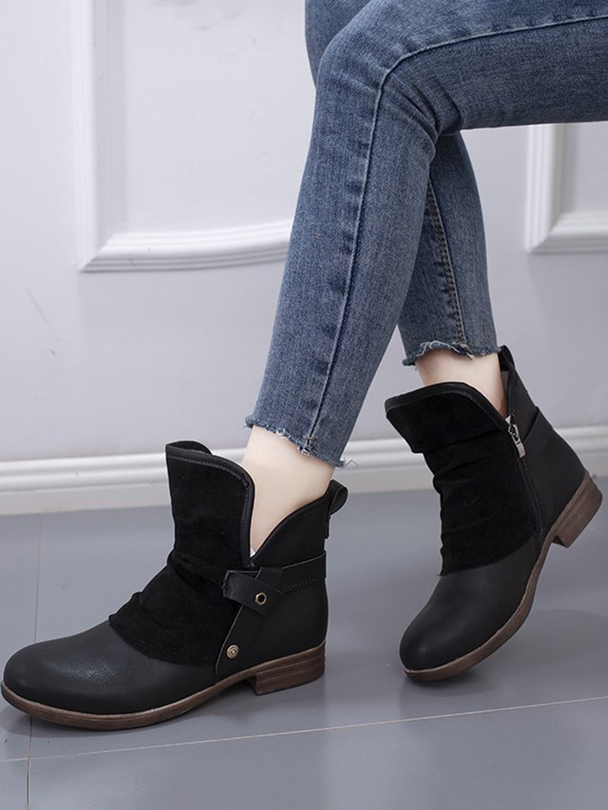 Anti-Suede Buckle Panel Vintage Insulated Booties