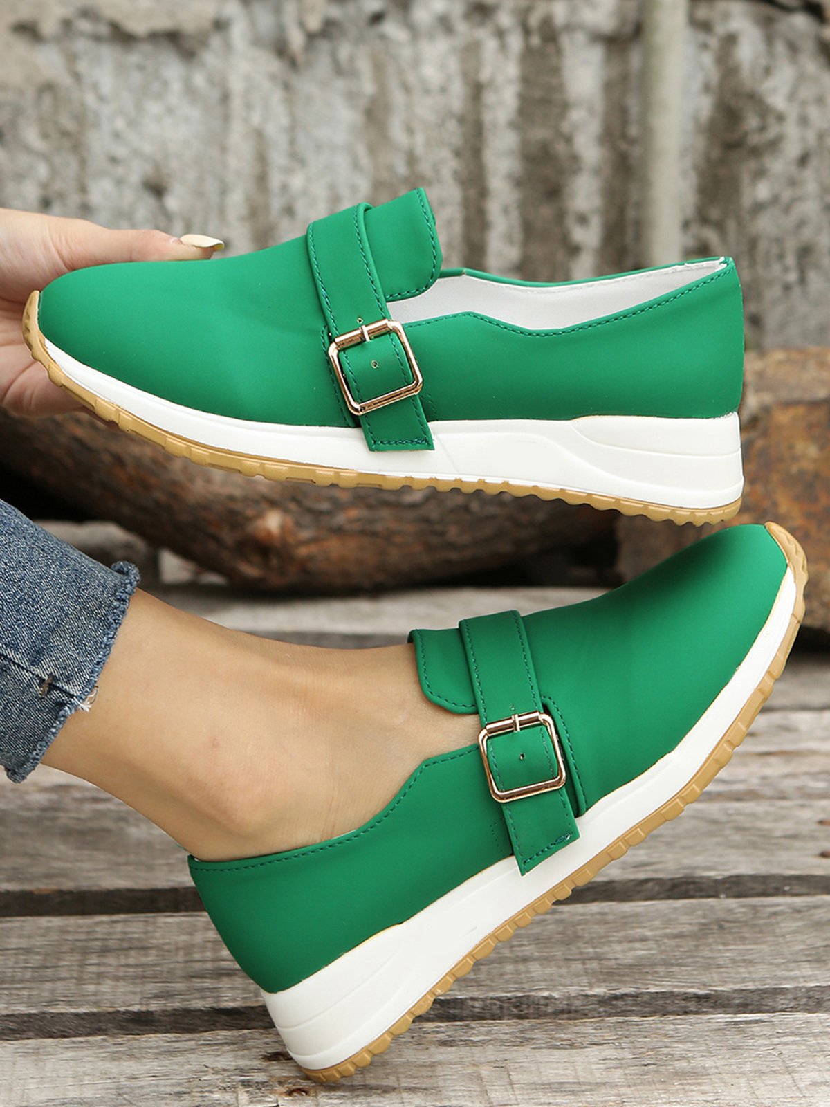 Casual Plain Color Buckle Strap Slip On Flat Sneakers