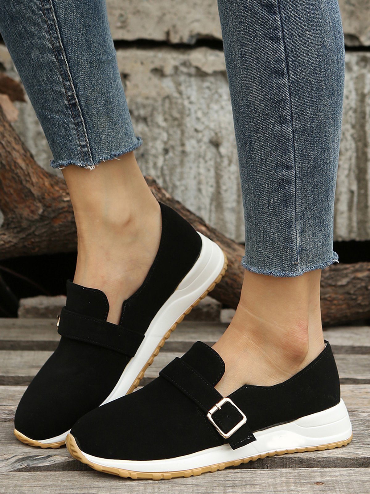 Casual Plain Color Buckle Strap Slip On Flat Sneakers