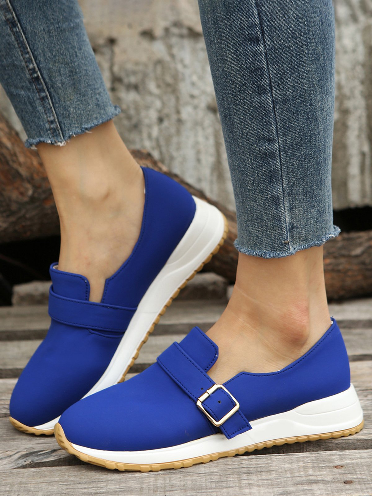 Casual Plain Color Buckle Strap Slip On Flat Sneakers