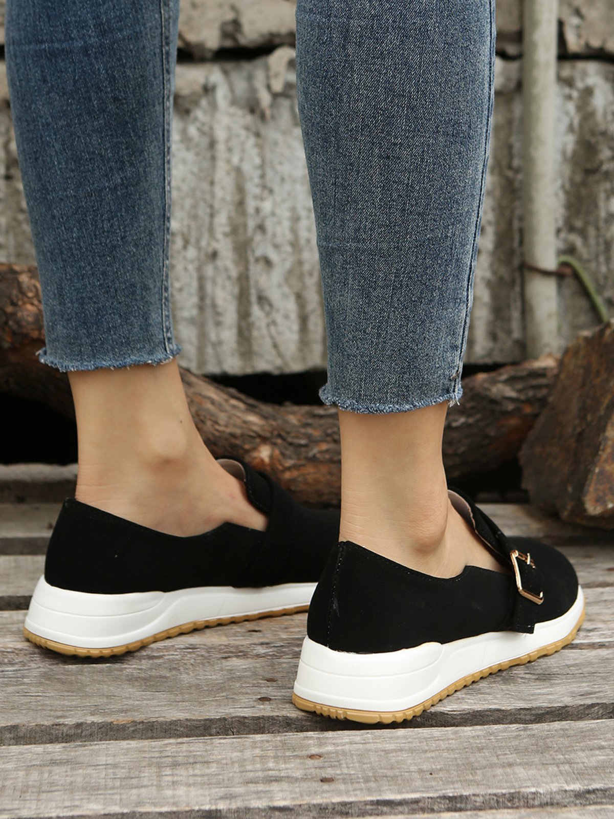 Casual Plain Color Buckle Strap Slip On Flat Sneakers