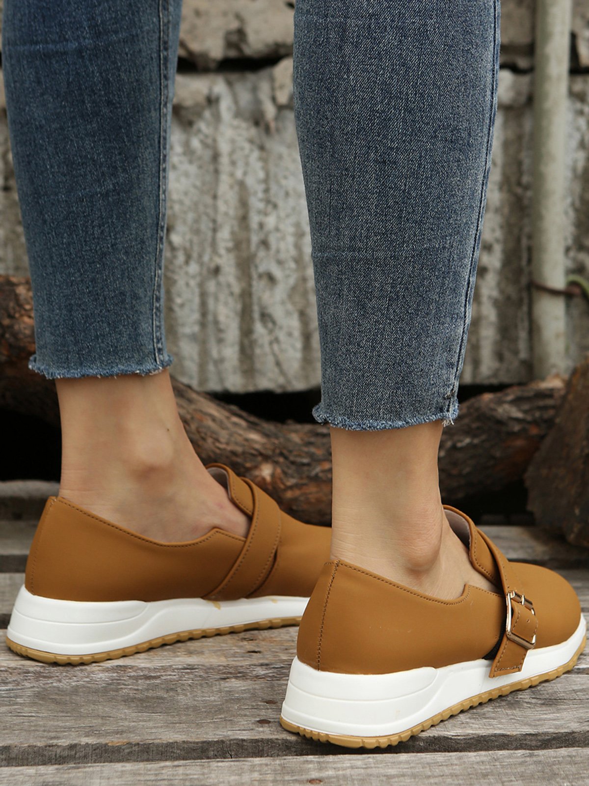 Casual Plain Color Buckle Strap Slip On Flat Sneakers