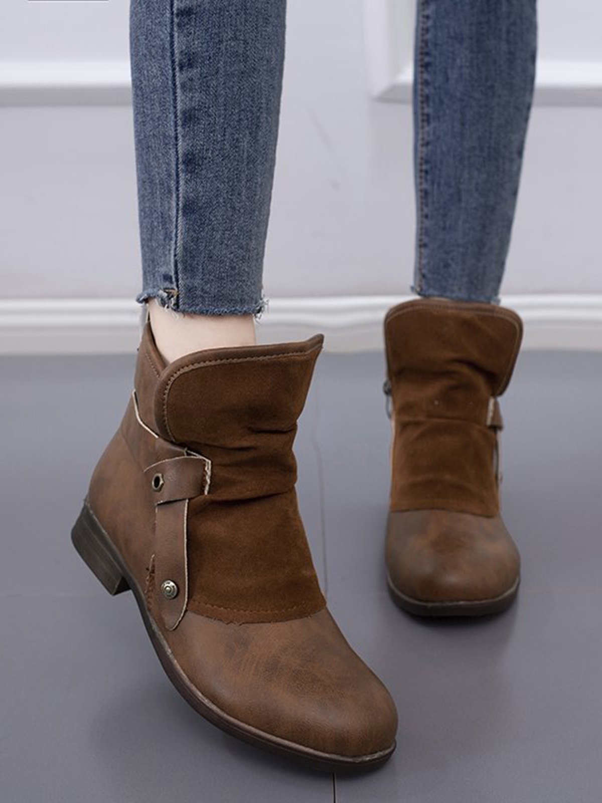 Anti-Suede Buckle Panel Vintage Insulated Booties