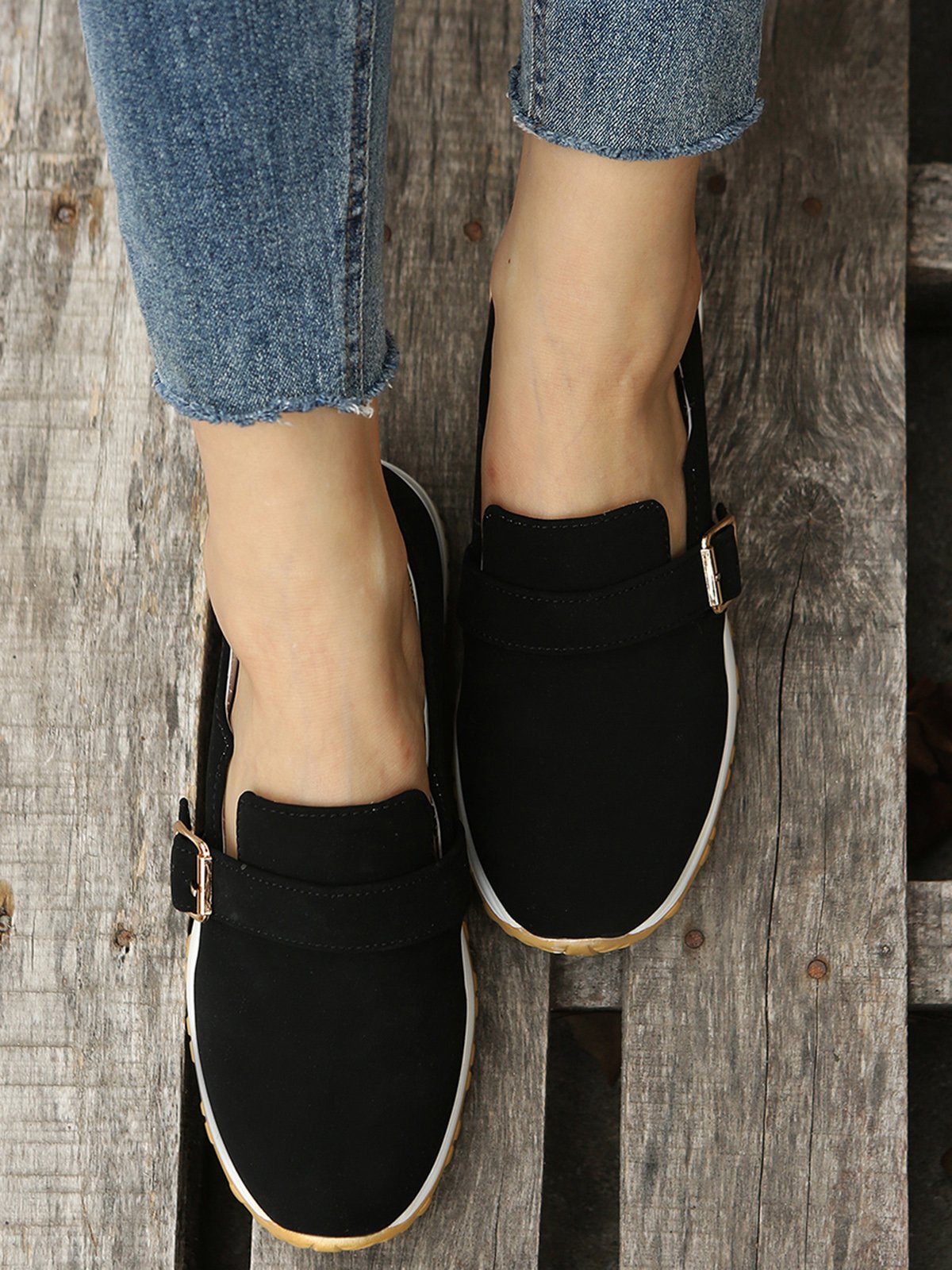 Casual Plain Color Buckle Strap Slip On Flat Sneakers