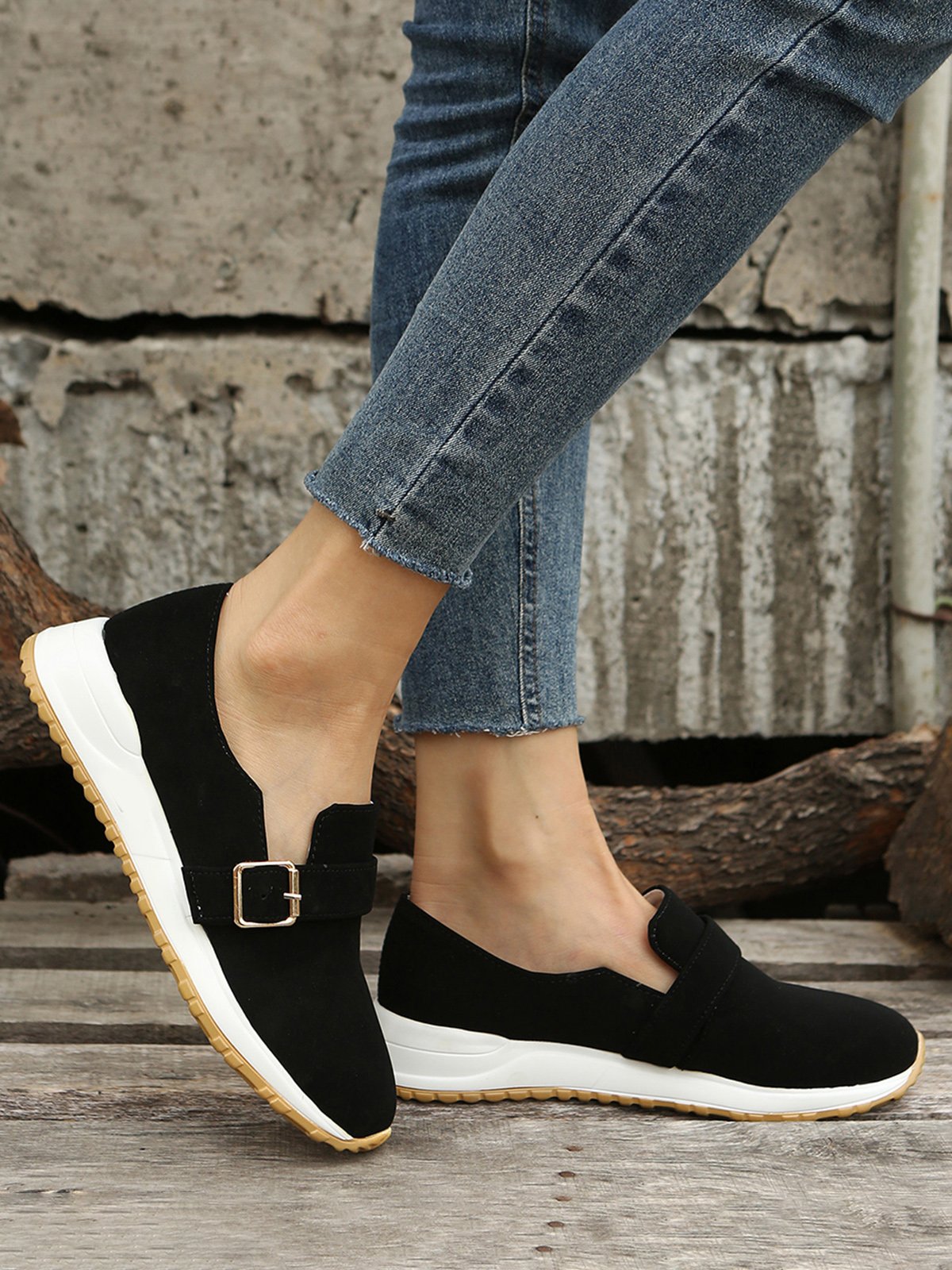 Casual Plain Color Buckle Strap Slip On Flat Sneakers