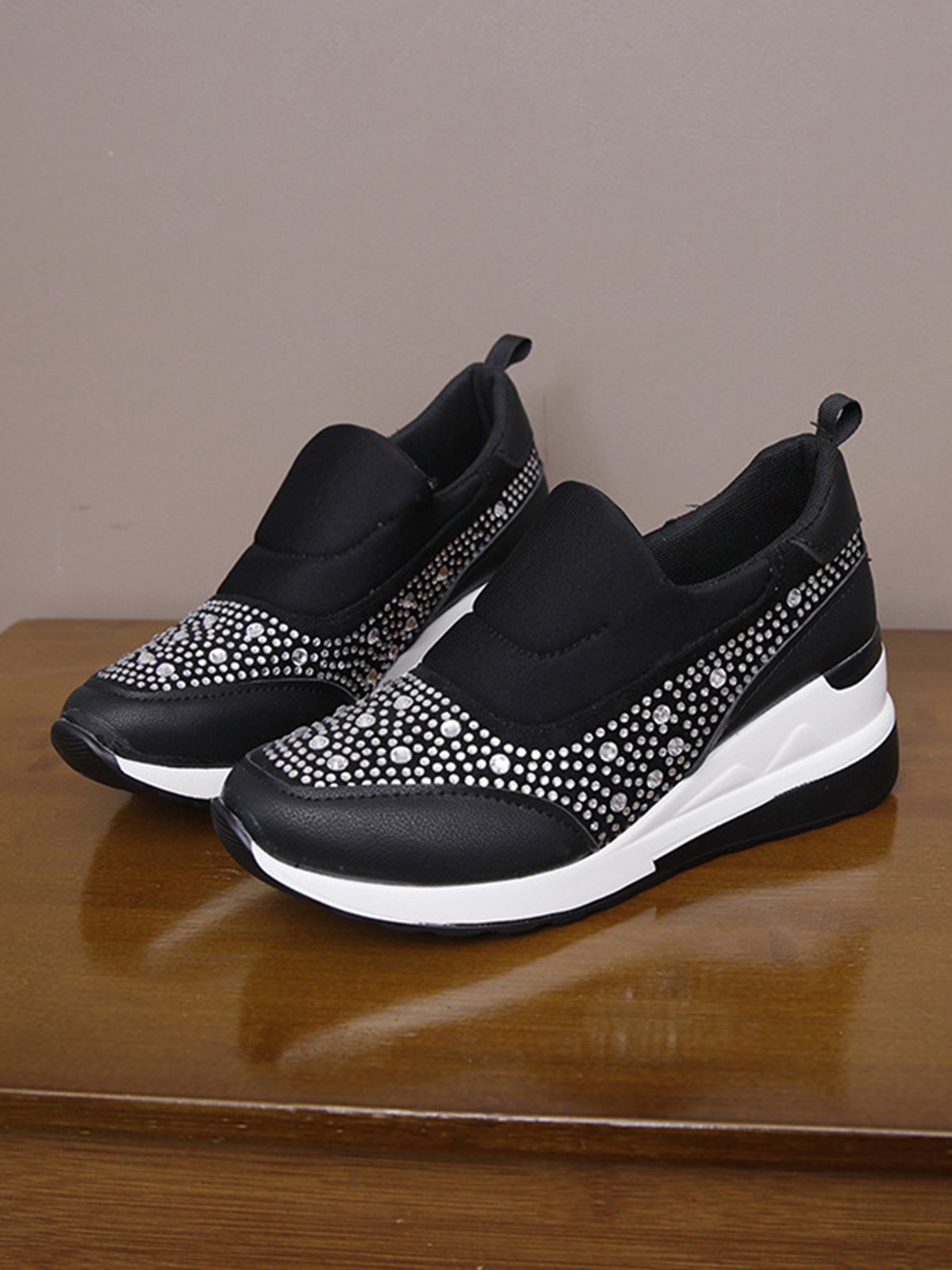 Plus Size Casual Rhinestone Slip On Wedge Sneakers
