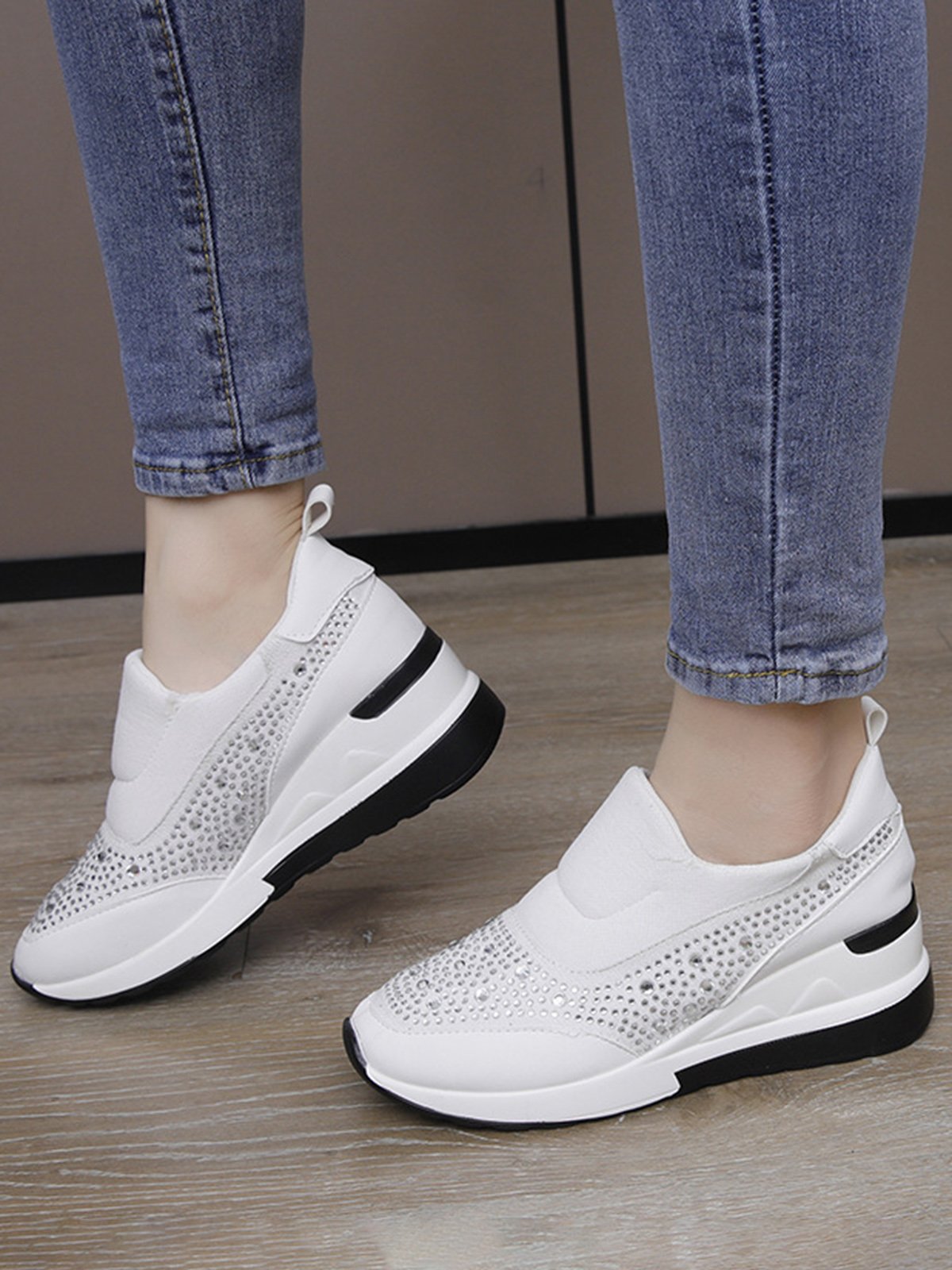 Plus Size Casual Rhinestone Slip On Wedge Sneakers