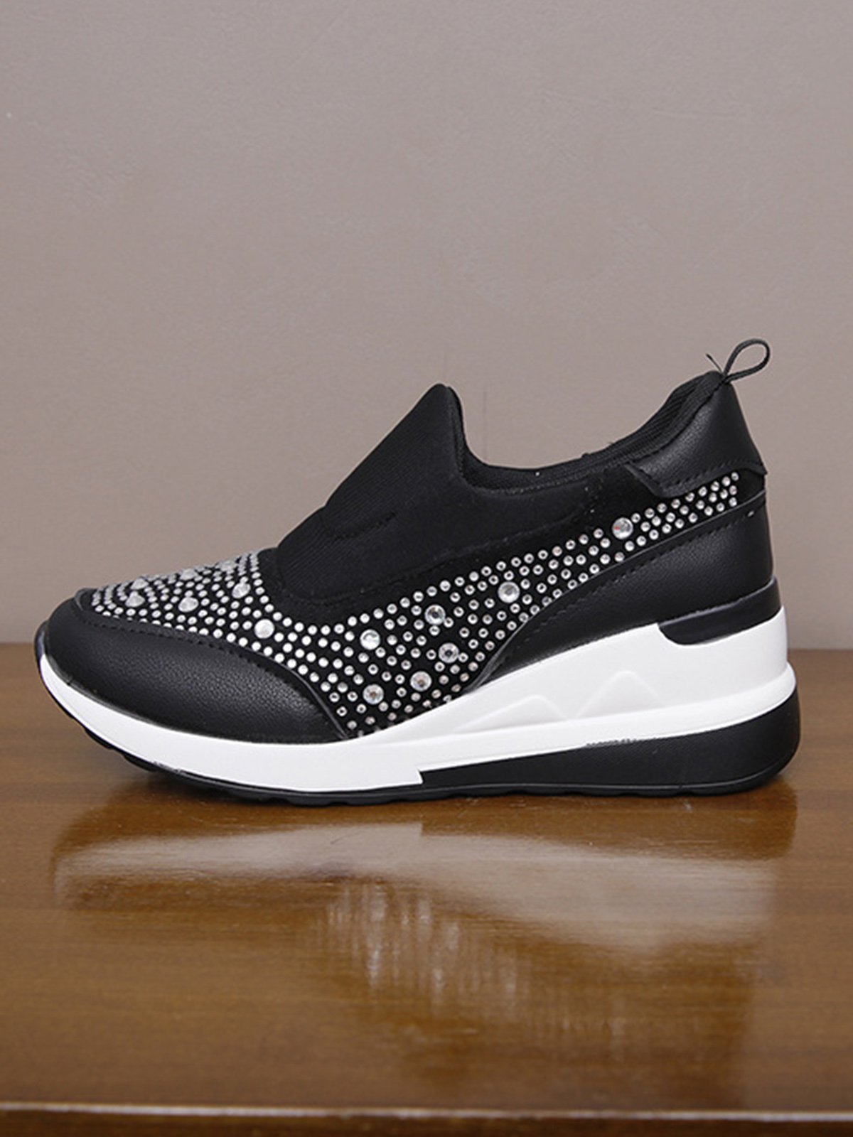 Plus Size Casual Rhinestone Slip On Wedge Sneakers