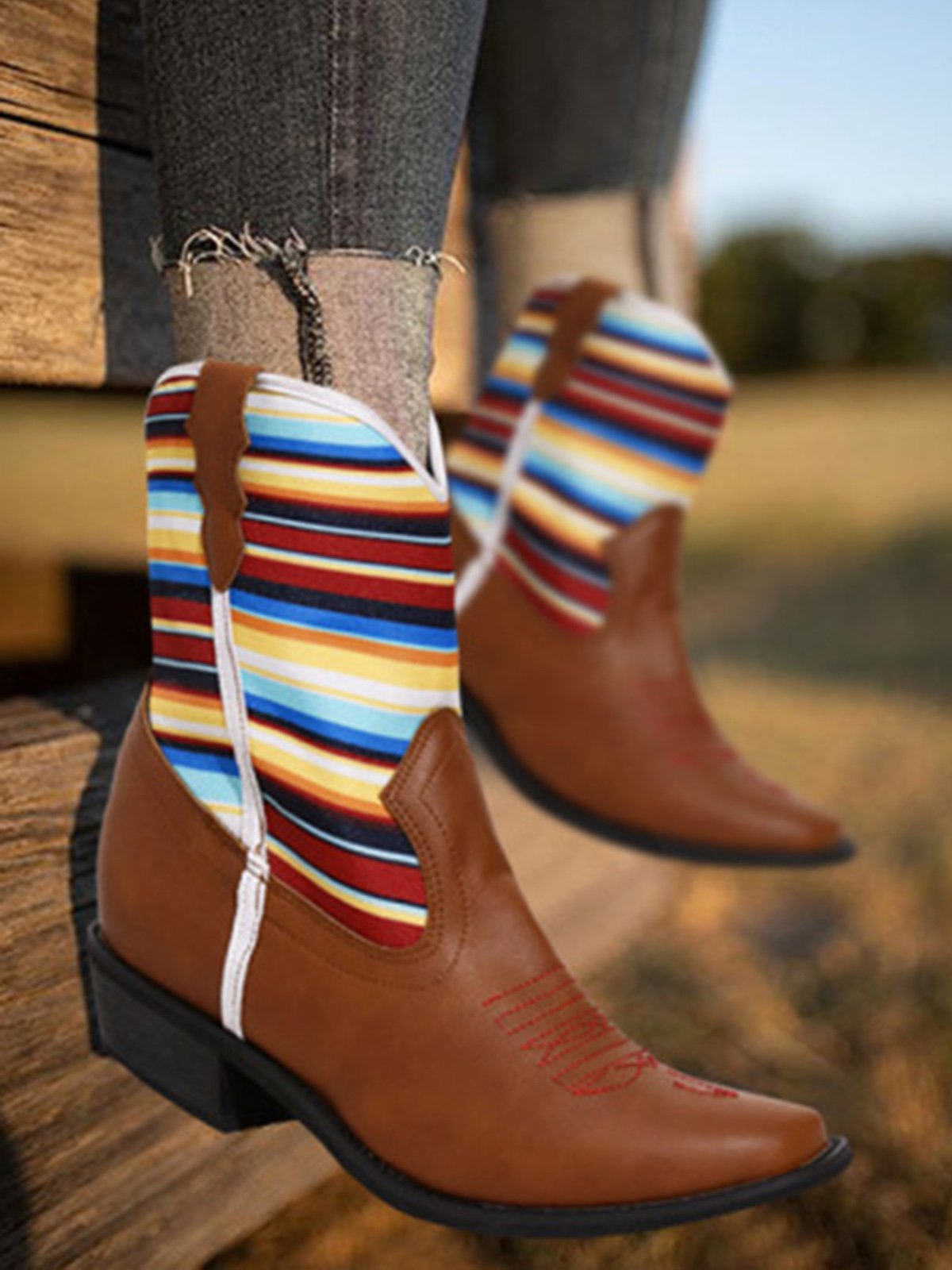 Western Style Colorful Striped Panel Cowboy Boots