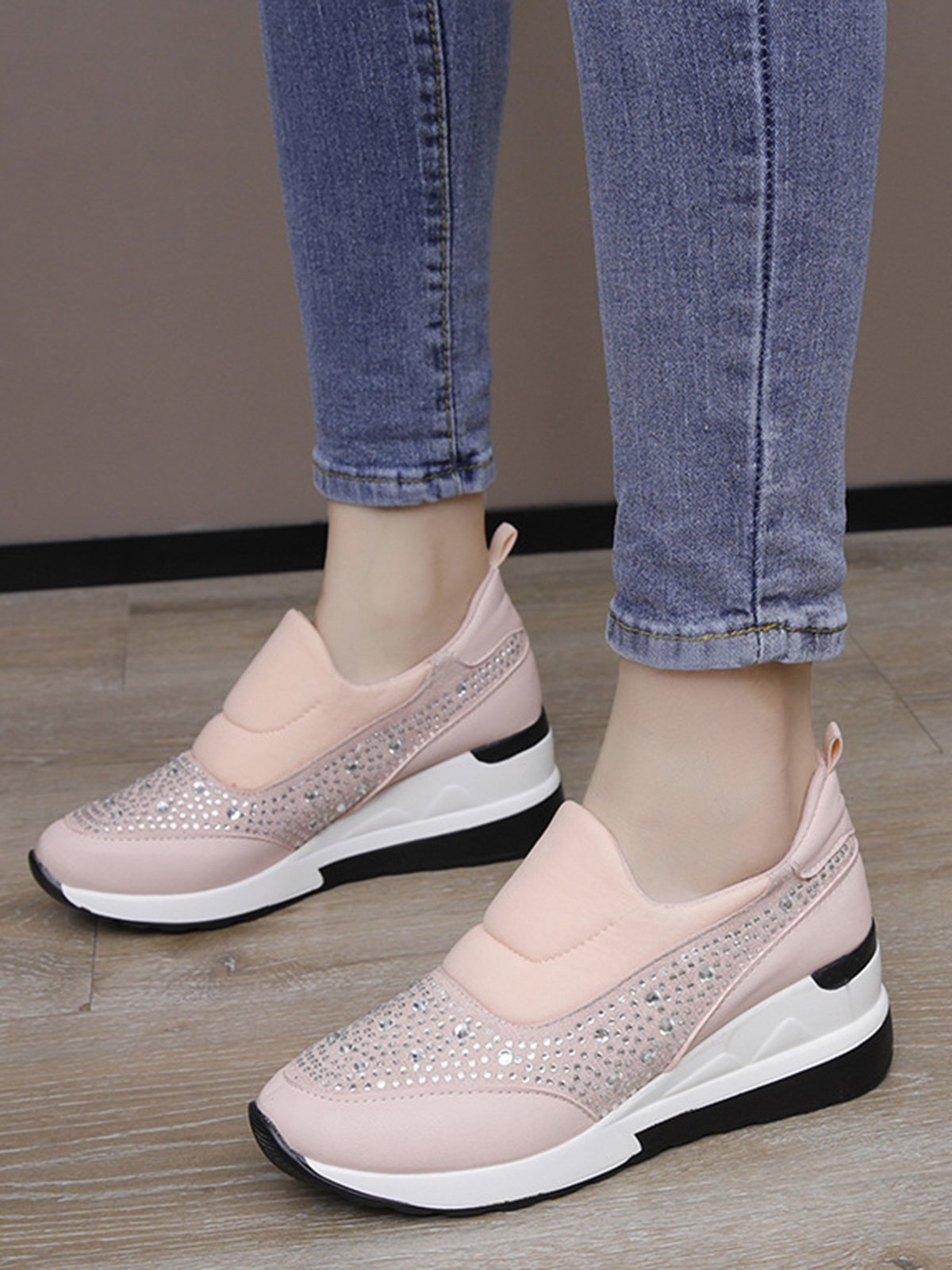 Plus Size Casual Rhinestone Slip On Wedge Sneakers