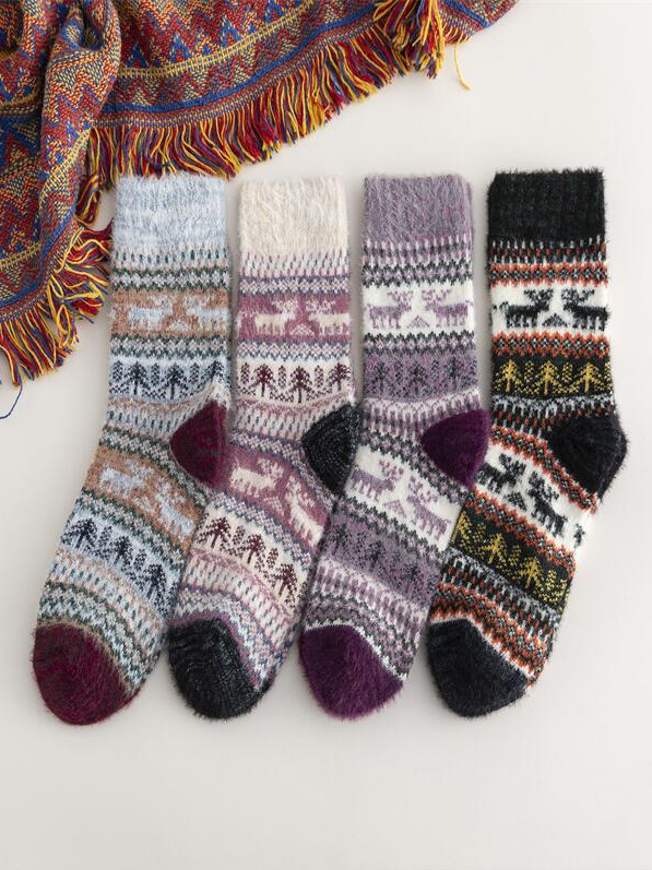 Casual Retro Striped Elk Pattern Plush Socks Autumn Winter Accessories Warm High Stretch