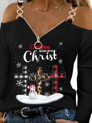 Christmas Long Sleeve V Neck Printed Top