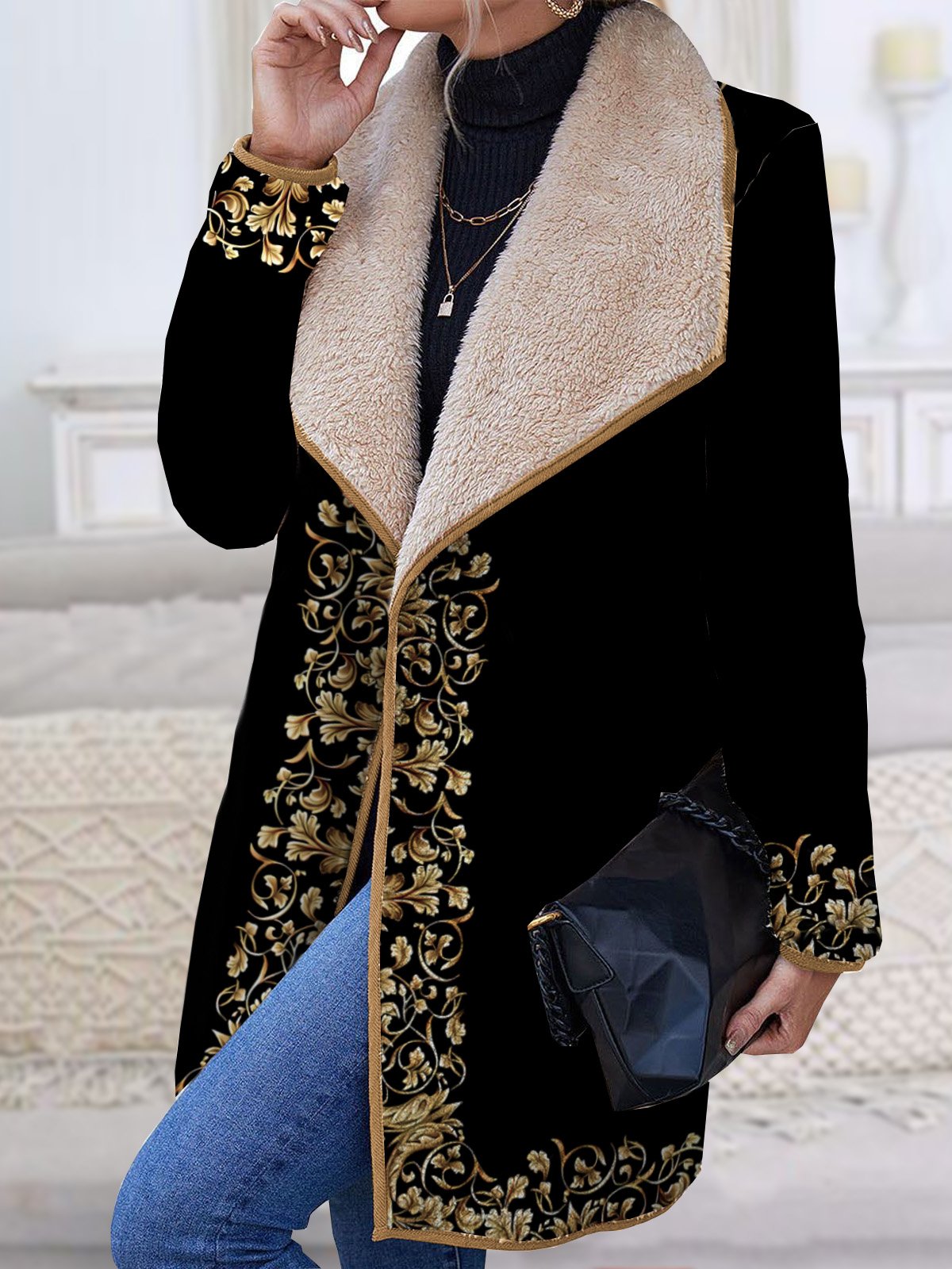 Shawl Collar Casual Floral Overcoat