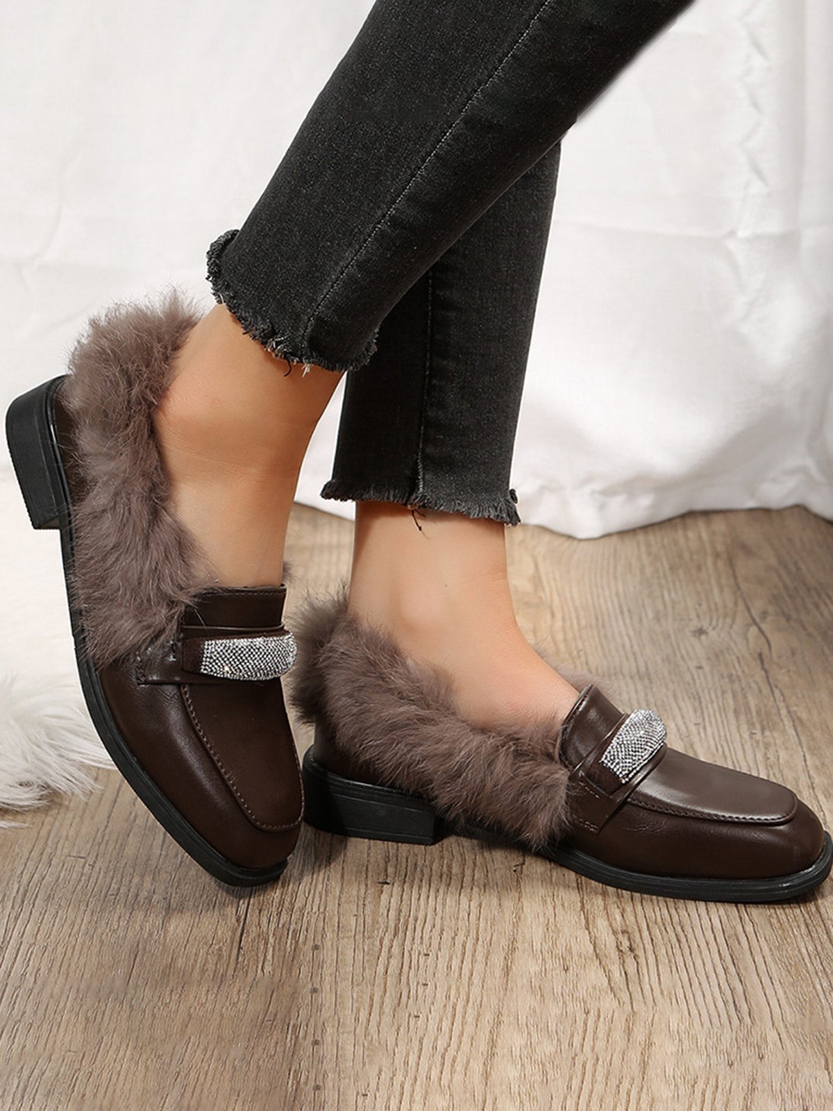 Warm Plush Rhinestone Chunky Heel Loafers