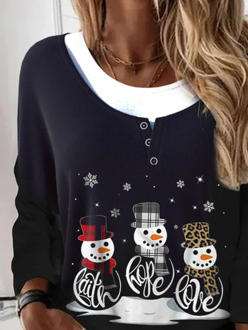 Christmas Snowman Color Block Patchwork Black Casual Sweatshirt