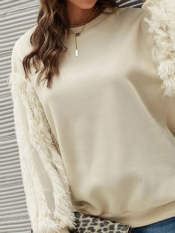 Crew Neck Casual Plain Stitch Fluff Sweatshirt