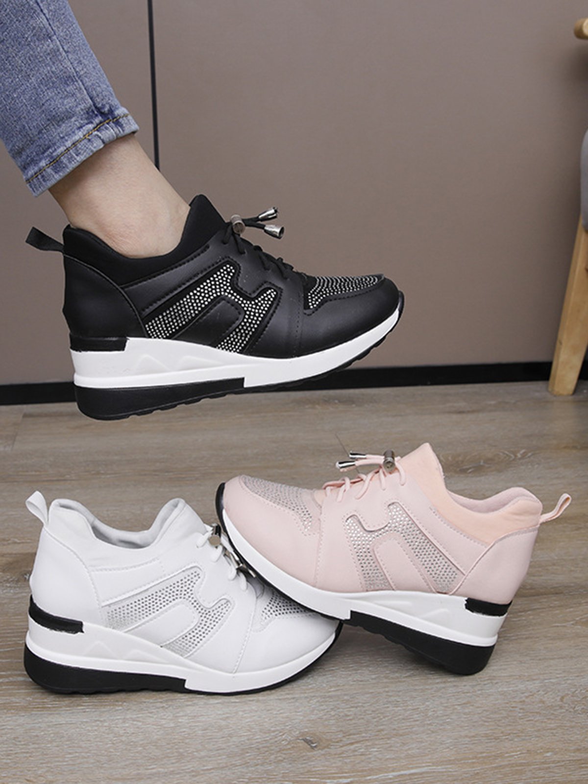 Casual Plus Size Rhinestone Plain Slip On Wedge Sneakers