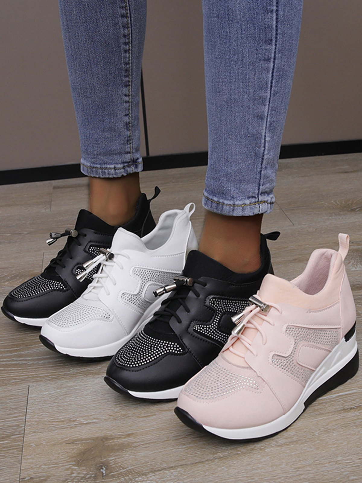Casual Plus Size Rhinestone Plain Slip On Wedge Sneakers