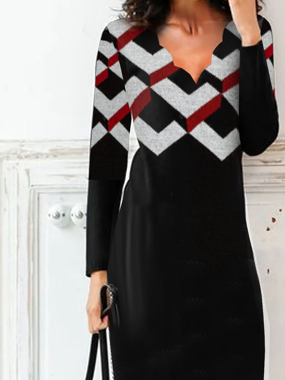 Geometric V Neck Casual Dress