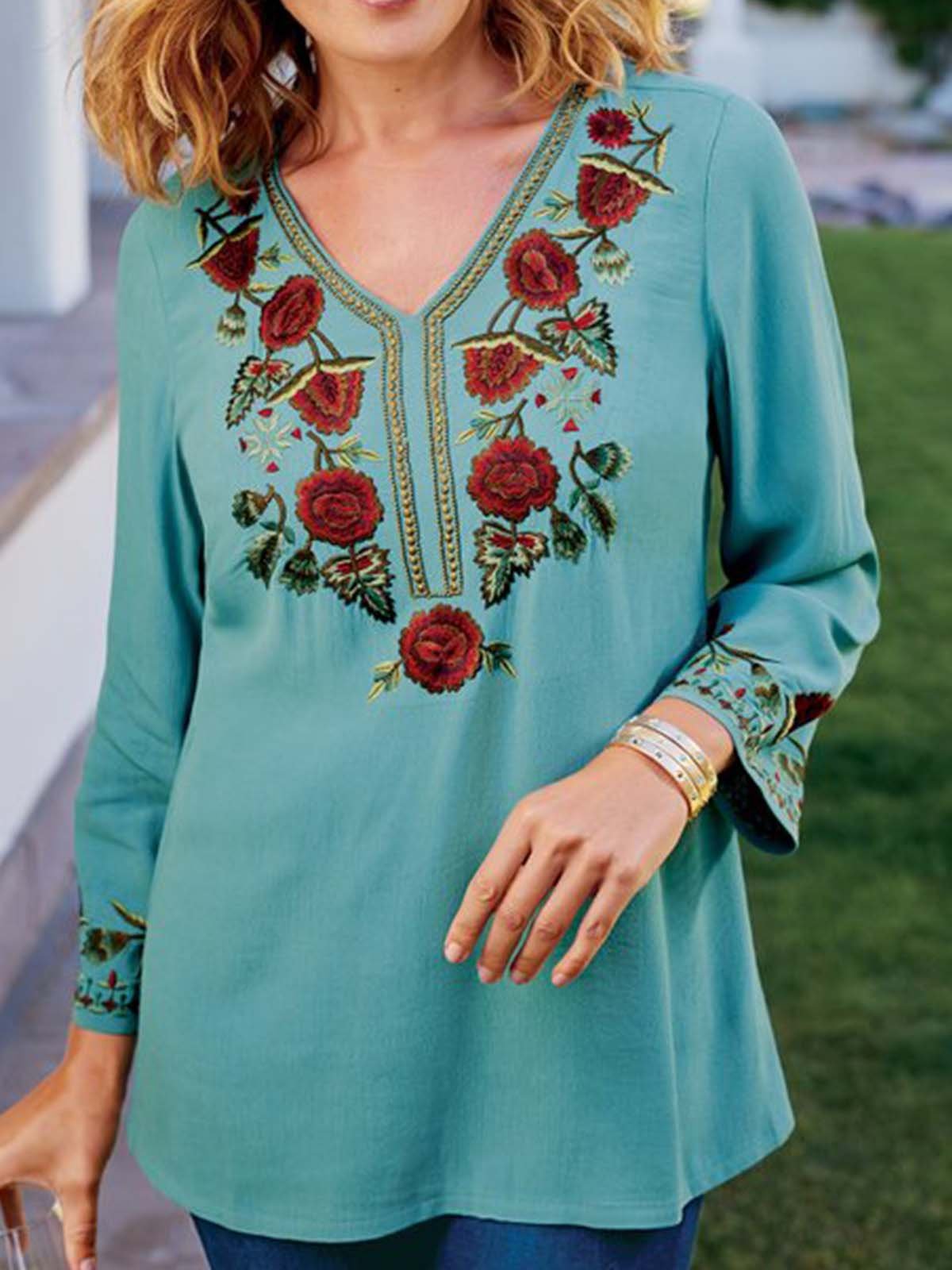 Casual Floral V Neck Loose Tunic  T-Shirt