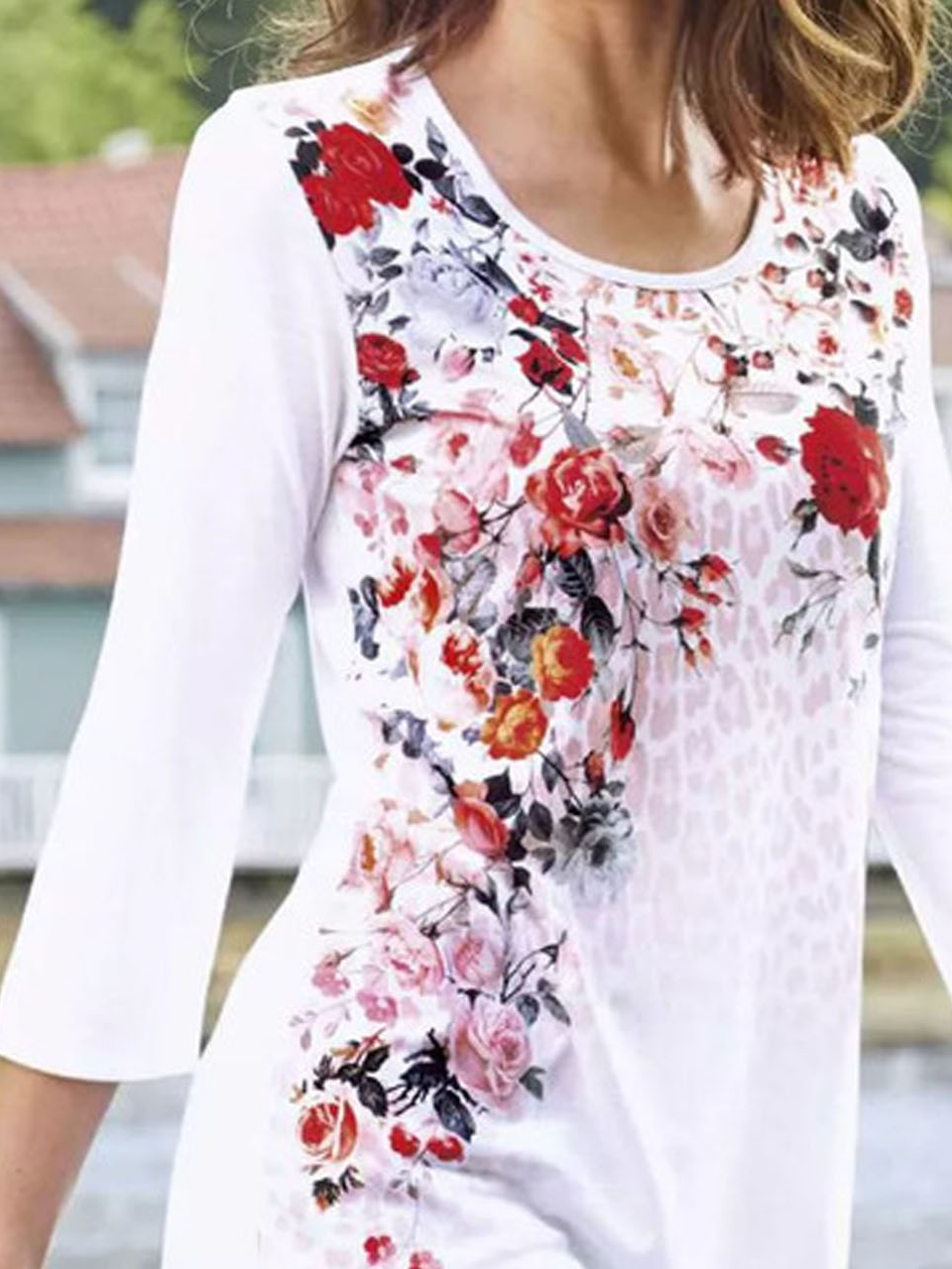 Casual Floral Seven-quarter Sleeves Crew Neck T-Shirt