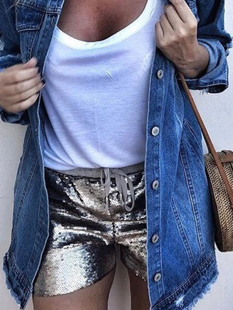 Buckle Denim Plain Long Sleeve Casual Denim Jacket