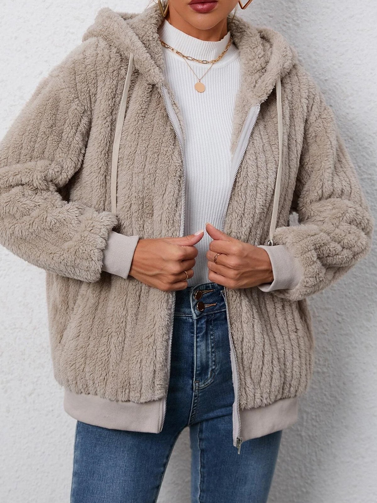 Loose Casual Plain Fluff/Granular Fleece Fabric Teddy Jacket