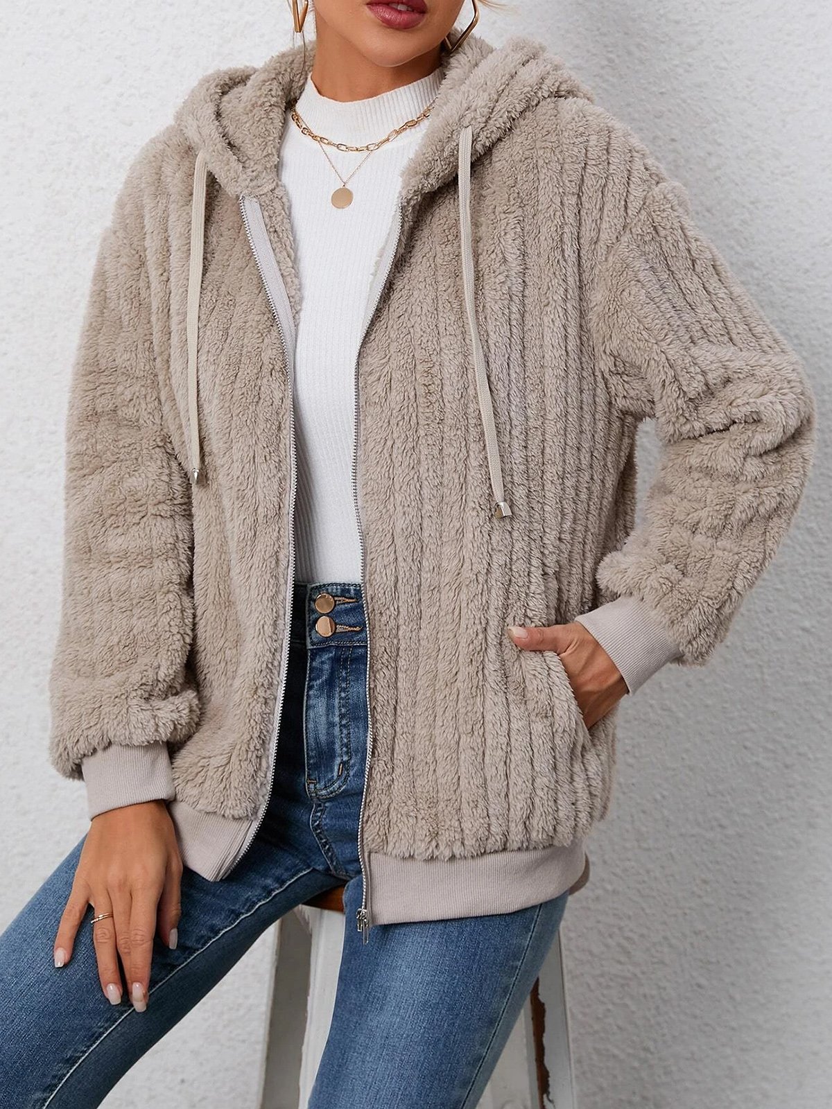 Loose Casual Plain Fluff/Granular Fleece Fabric Teddy Jacket
