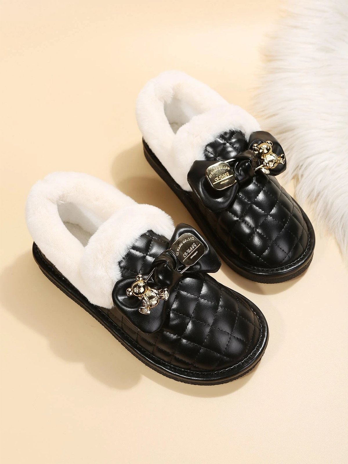 Bow & Bear Decor Stitch Detail Furry Lined Flat Shoes