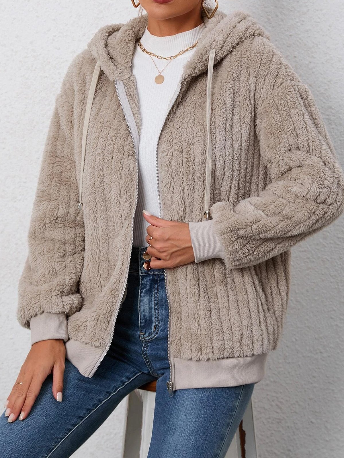 Loose Casual Plain Fluff/Granular Fleece Fabric Teddy Jacket