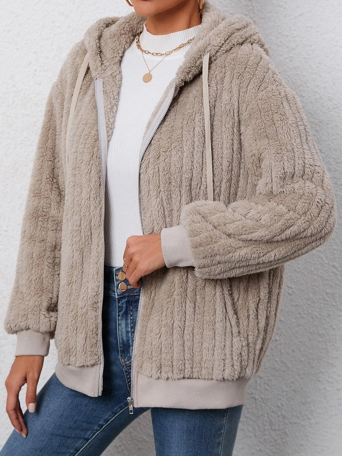 Loose Casual Plain Fluff/Granular Fleece Fabric Teddy Jacket