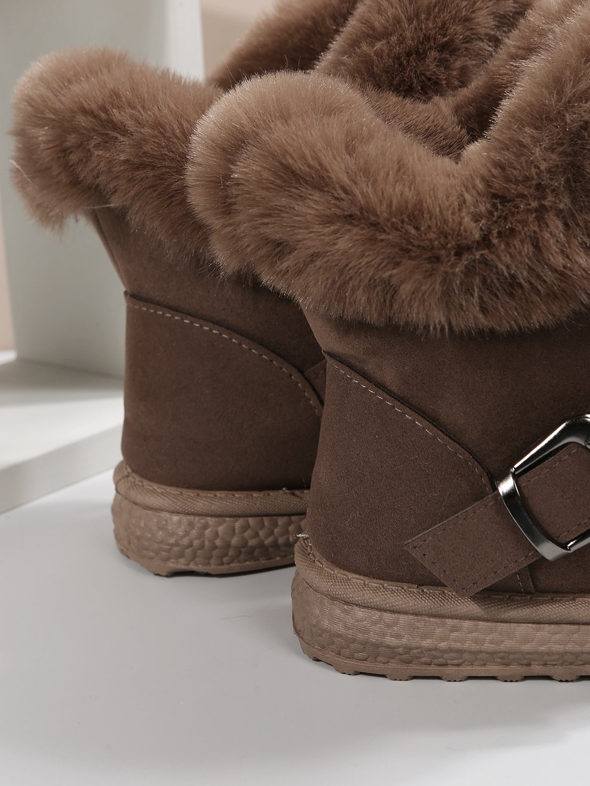 Casual Buckle Decor Faux Suede Furry Snow Boots