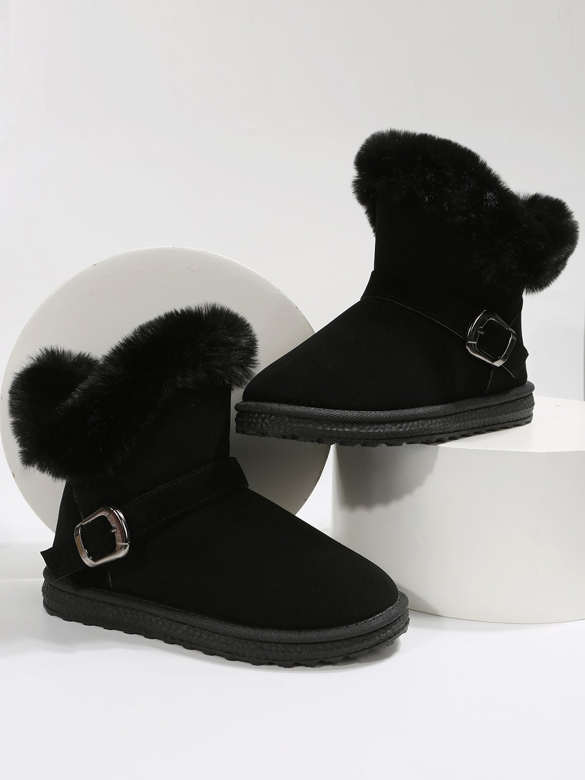 Casual Buckle Decor Faux Suede Furry Snow Boots