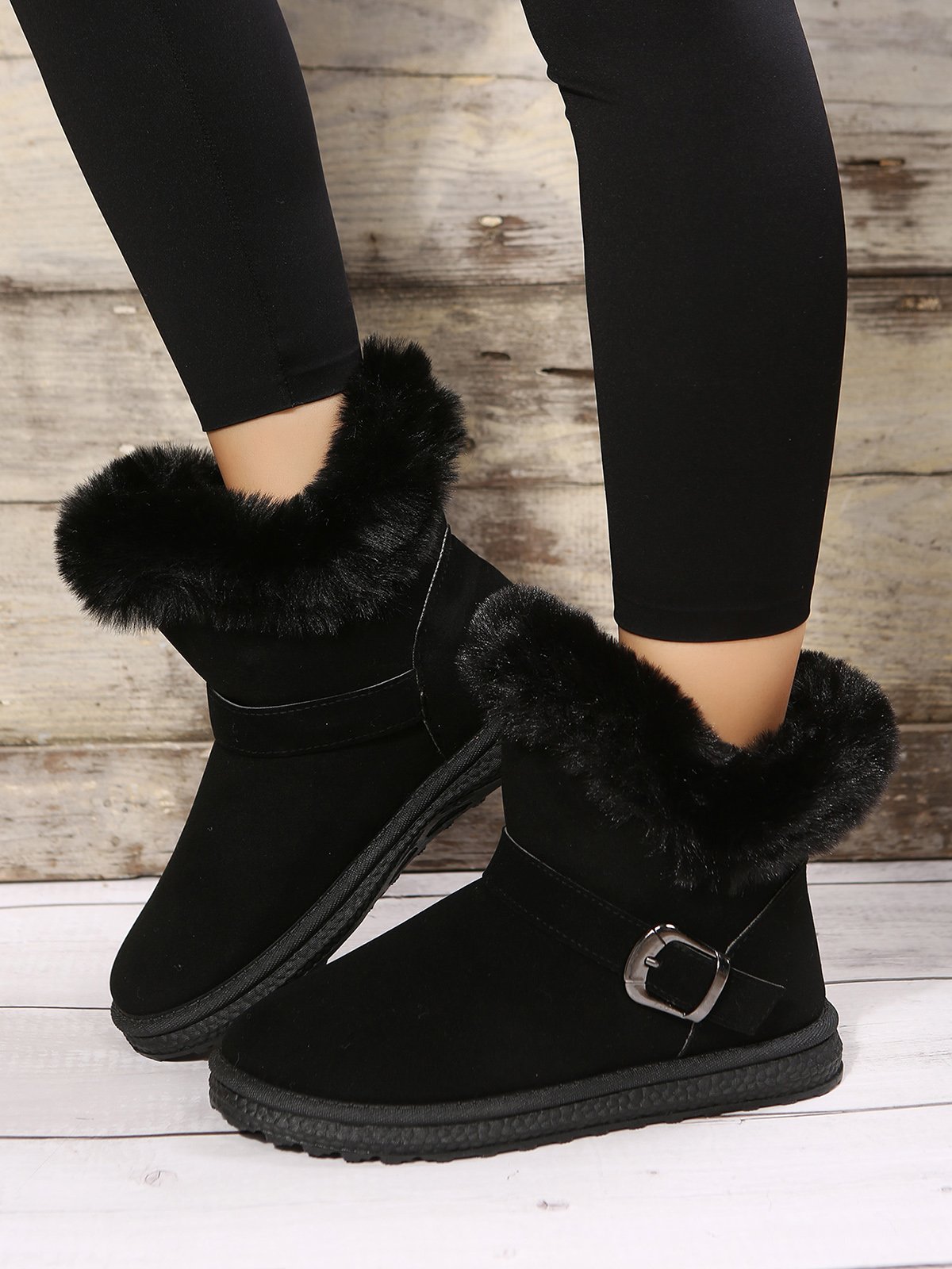 Casual Buckle Decor Faux Suede Furry Snow Boots