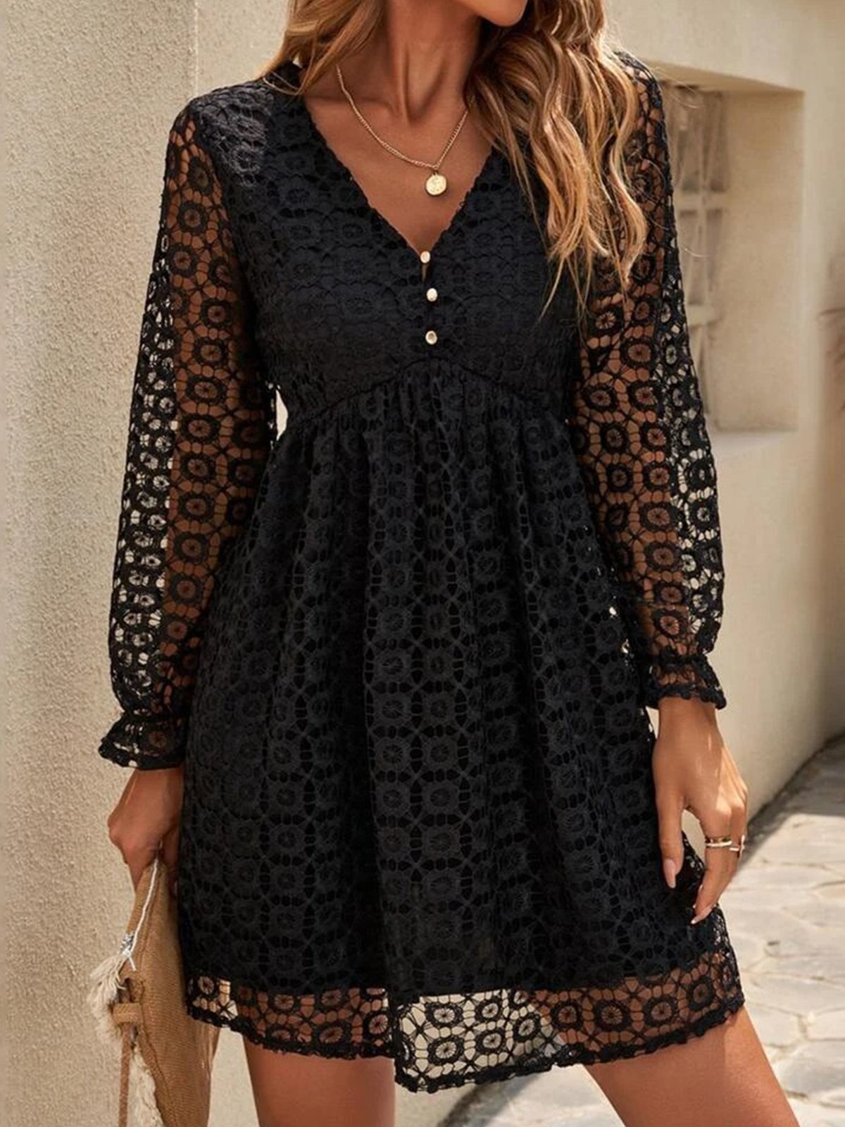 Lace Plain Long Sleeve Buckle V Neck Party Dress