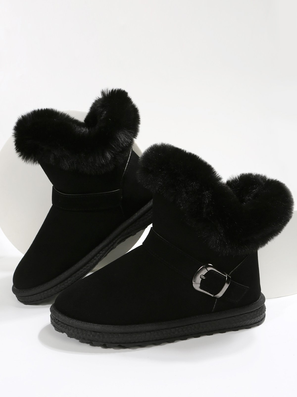 Casual Buckle Decor Faux Suede Furry Snow Boots