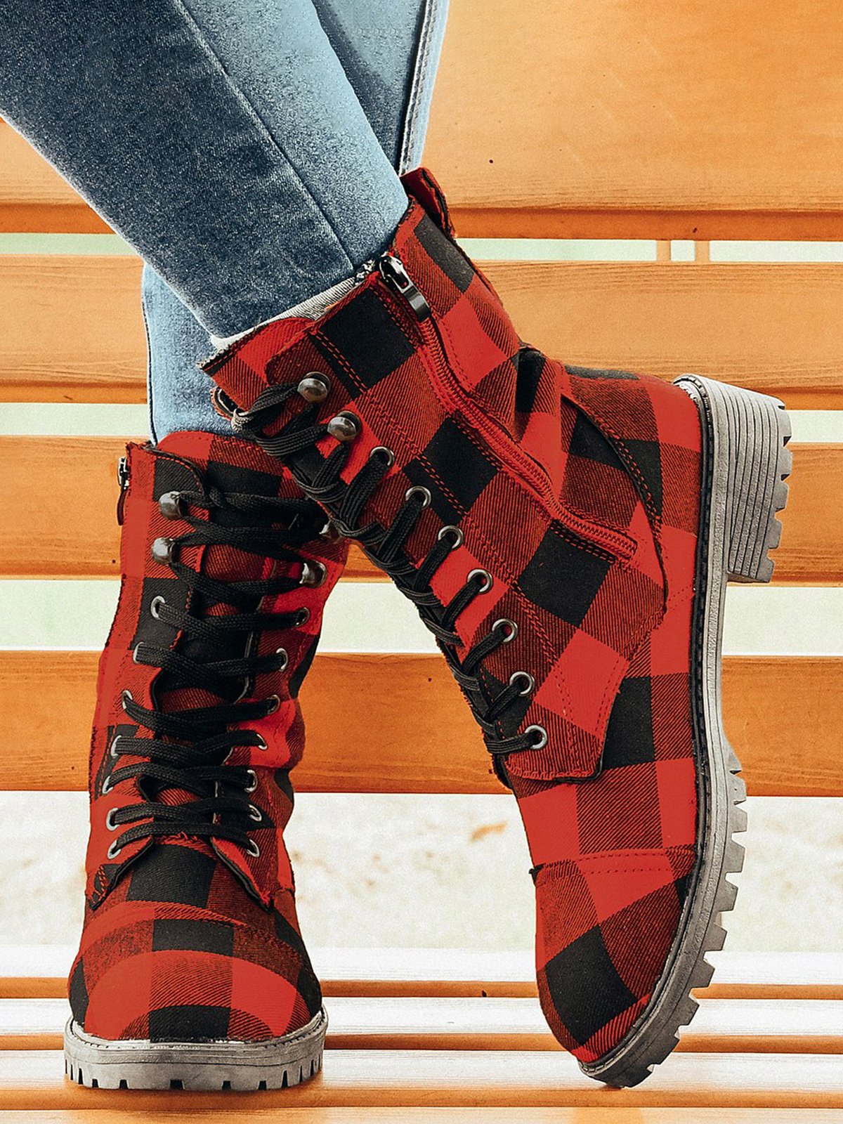 Christmas Red-black Plaid Plus Size Lace-Up Decor Size Zip Canvas Boots