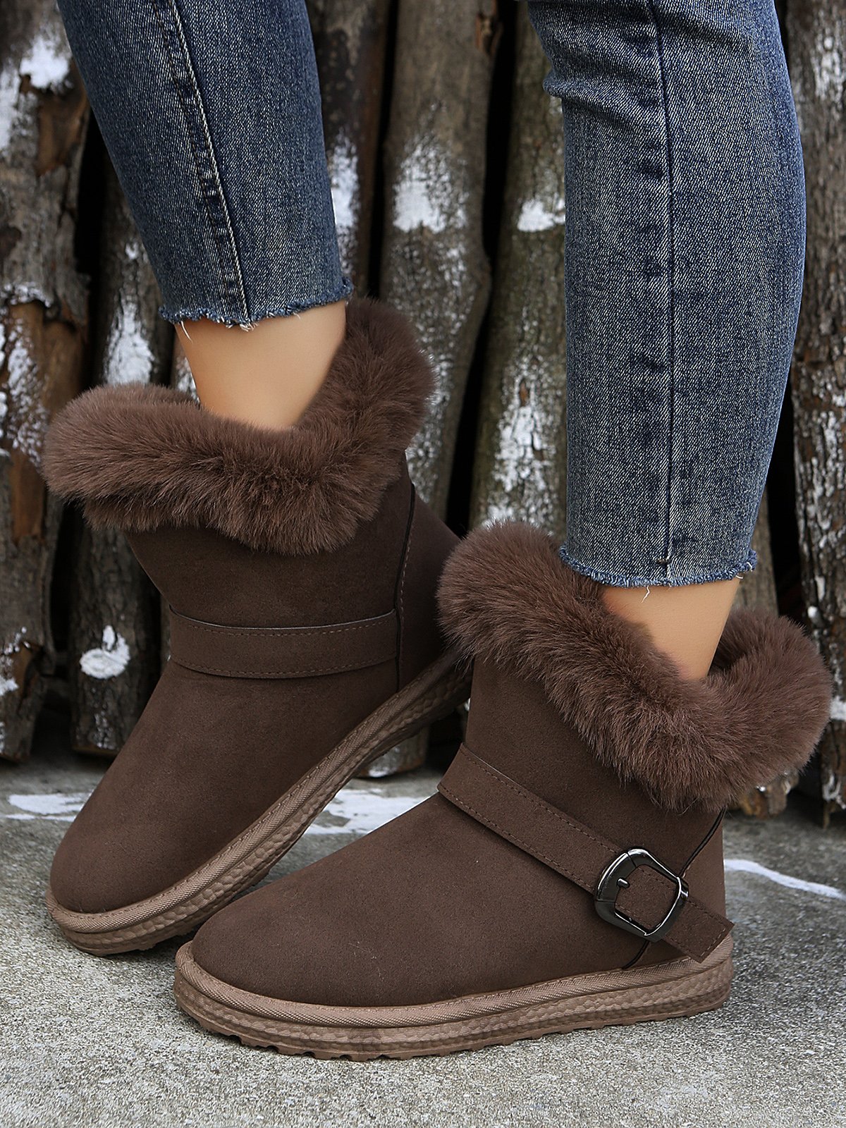 Casual Buckle Decor Faux Suede Furry Snow Boots
