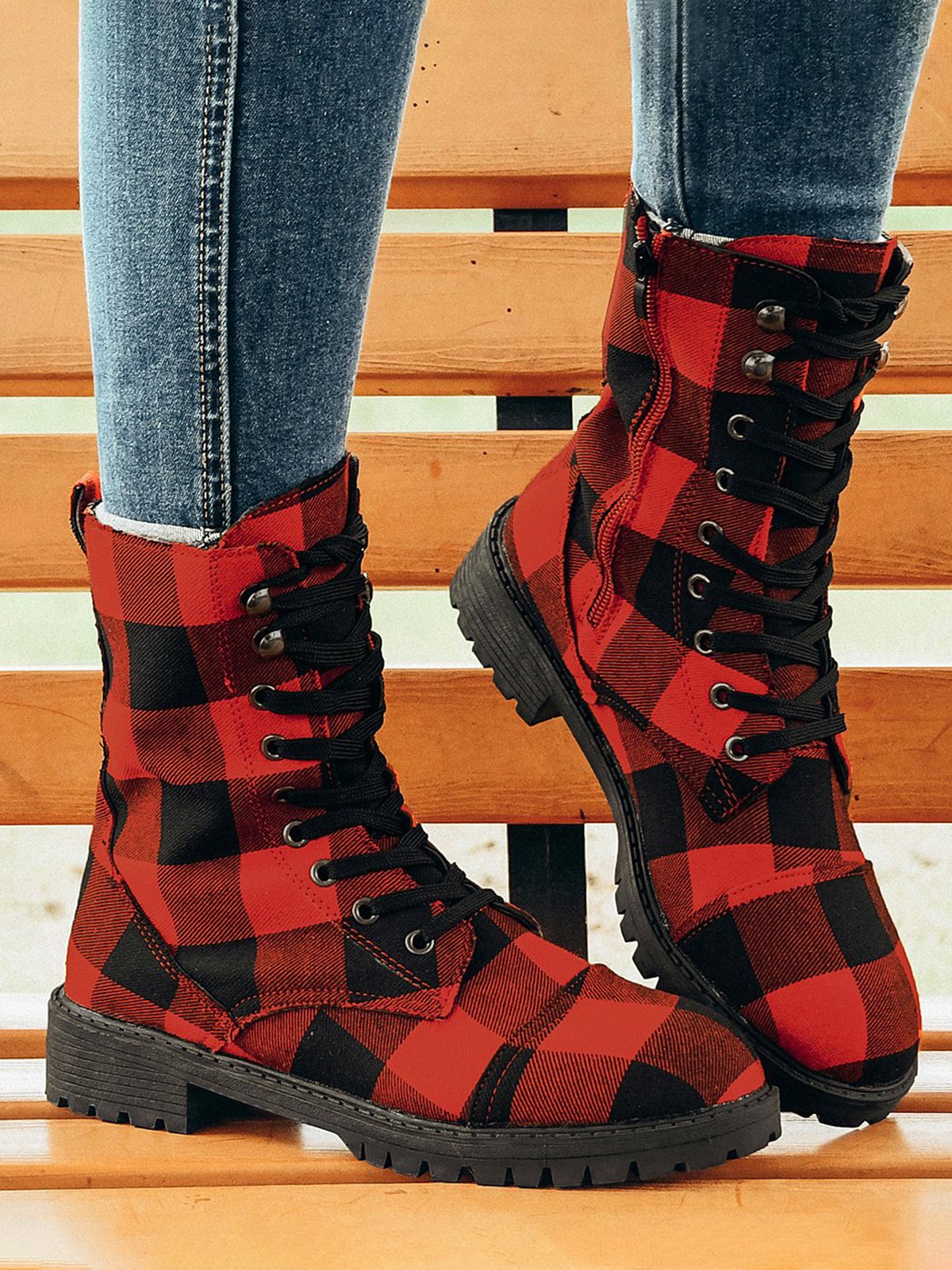 Christmas Red-black Plaid Plus Size Lace-Up Decor Size Zip Canvas Boots