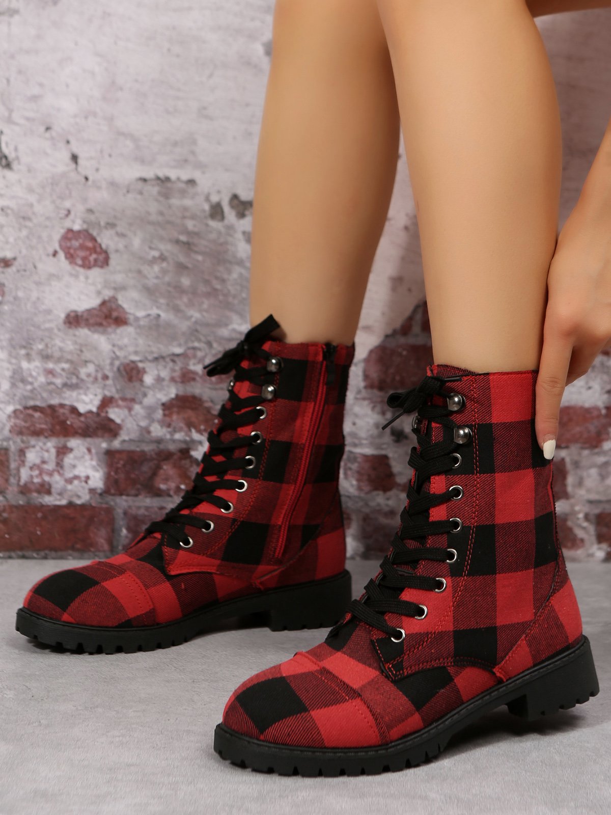 Christmas Red-black Plaid Plus Size Lace-Up Decor Size Zip Canvas Boots
