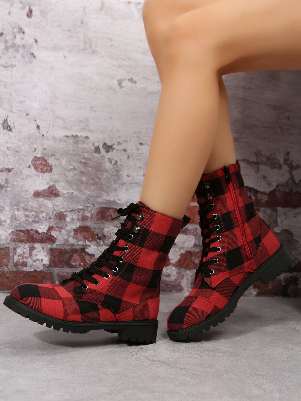Christmas Red-black Plaid Plus Size Lace-Up Decor Size Zip Canvas Boots