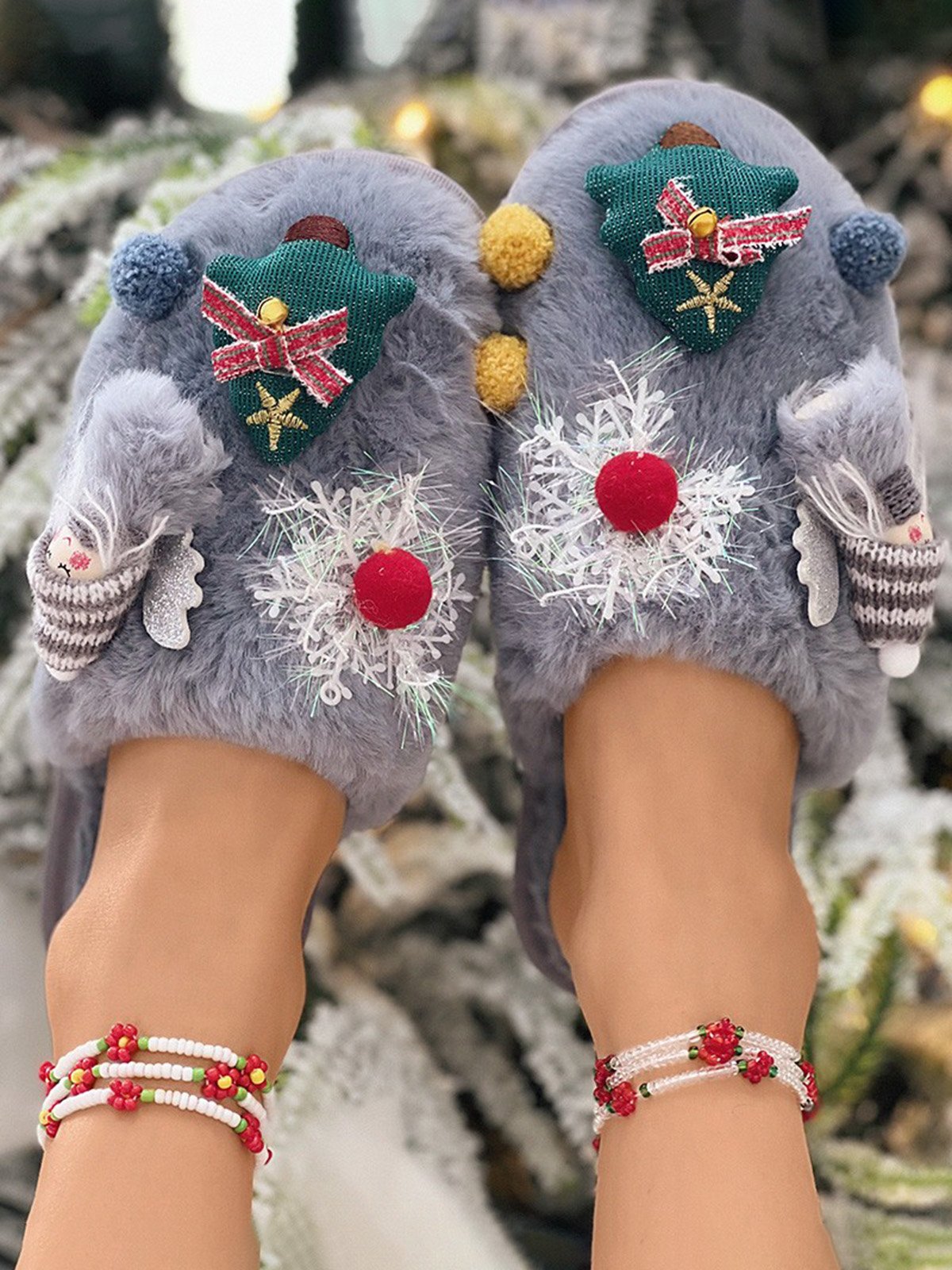 Cartoon Christmas Tree Fuzzy Ball Fuzzy Slippers