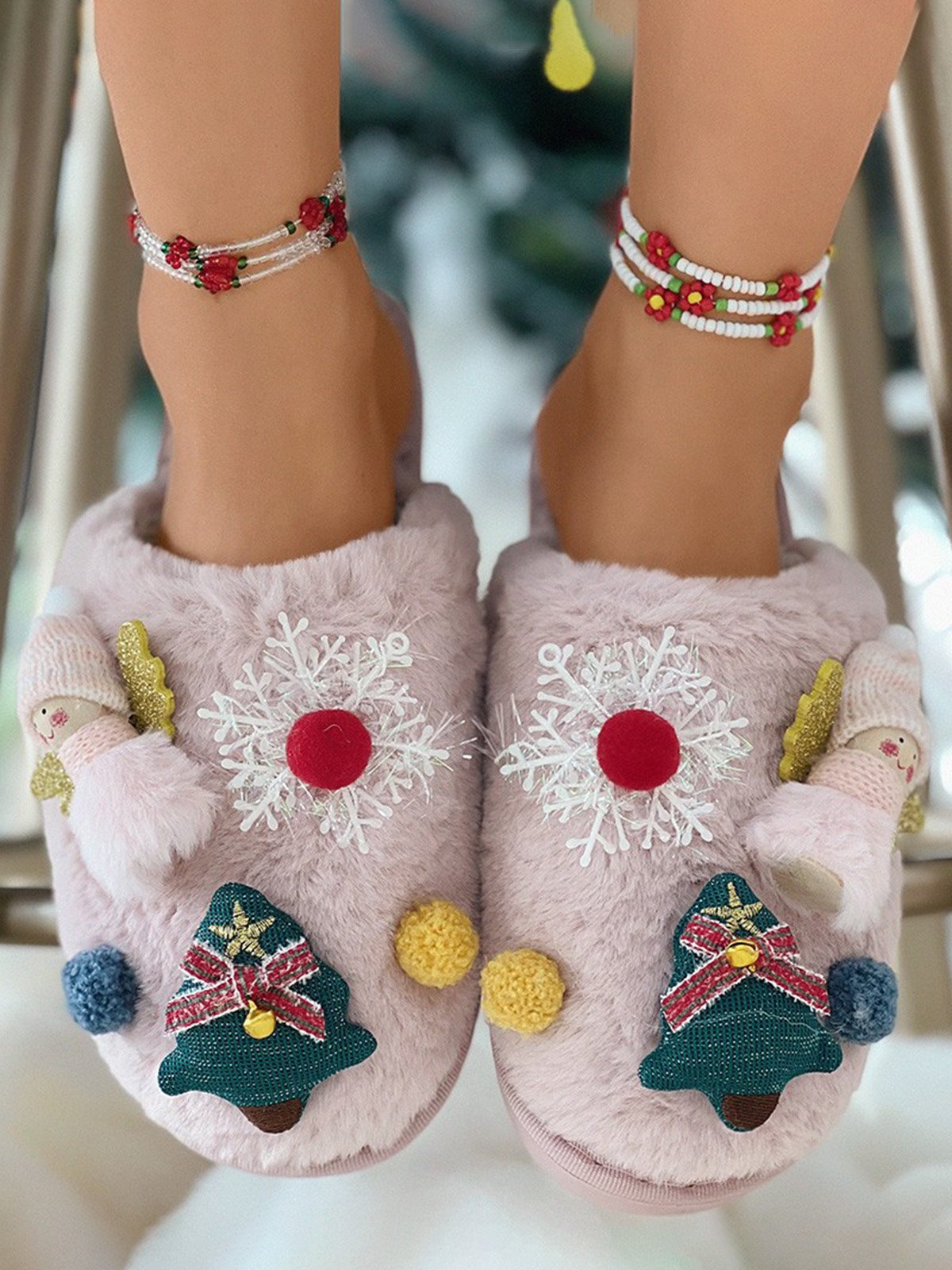 Cartoon Christmas Tree Fuzzy Ball Fuzzy Slippers