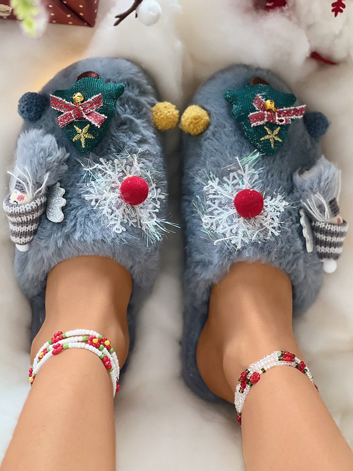 Cartoon Christmas Tree Fuzzy Ball Fuzzy Slippers