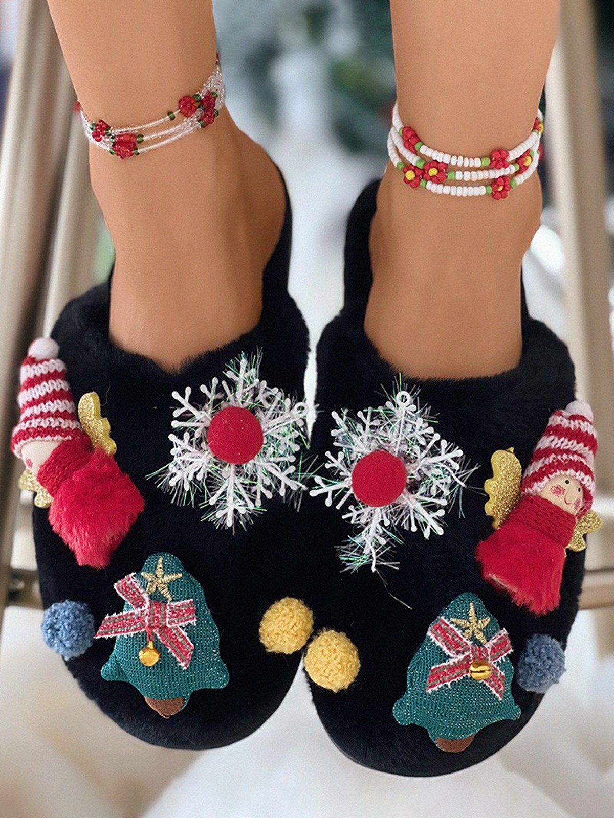 Cartoon Christmas Tree Fuzzy Ball Fuzzy Slippers